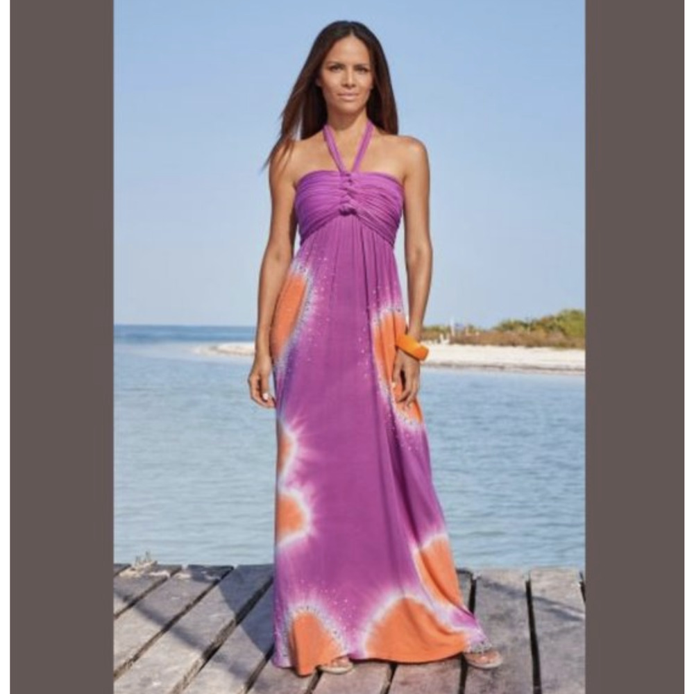NWT Boston Proper Purple / Pink Tie Dye Printed Embellished Halter Maxi Dress XS - Picture 8 of 9